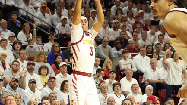 Feb 4, 2023; Ames, Iowa, USA; Iowa State Cyclones guard Tamin Lipsey (3) shoots the ball against the Kansas Jayhawks at James H. Hilton Coliseum. Mandatory Credit: Reese Strickland-USA TODAY Sports